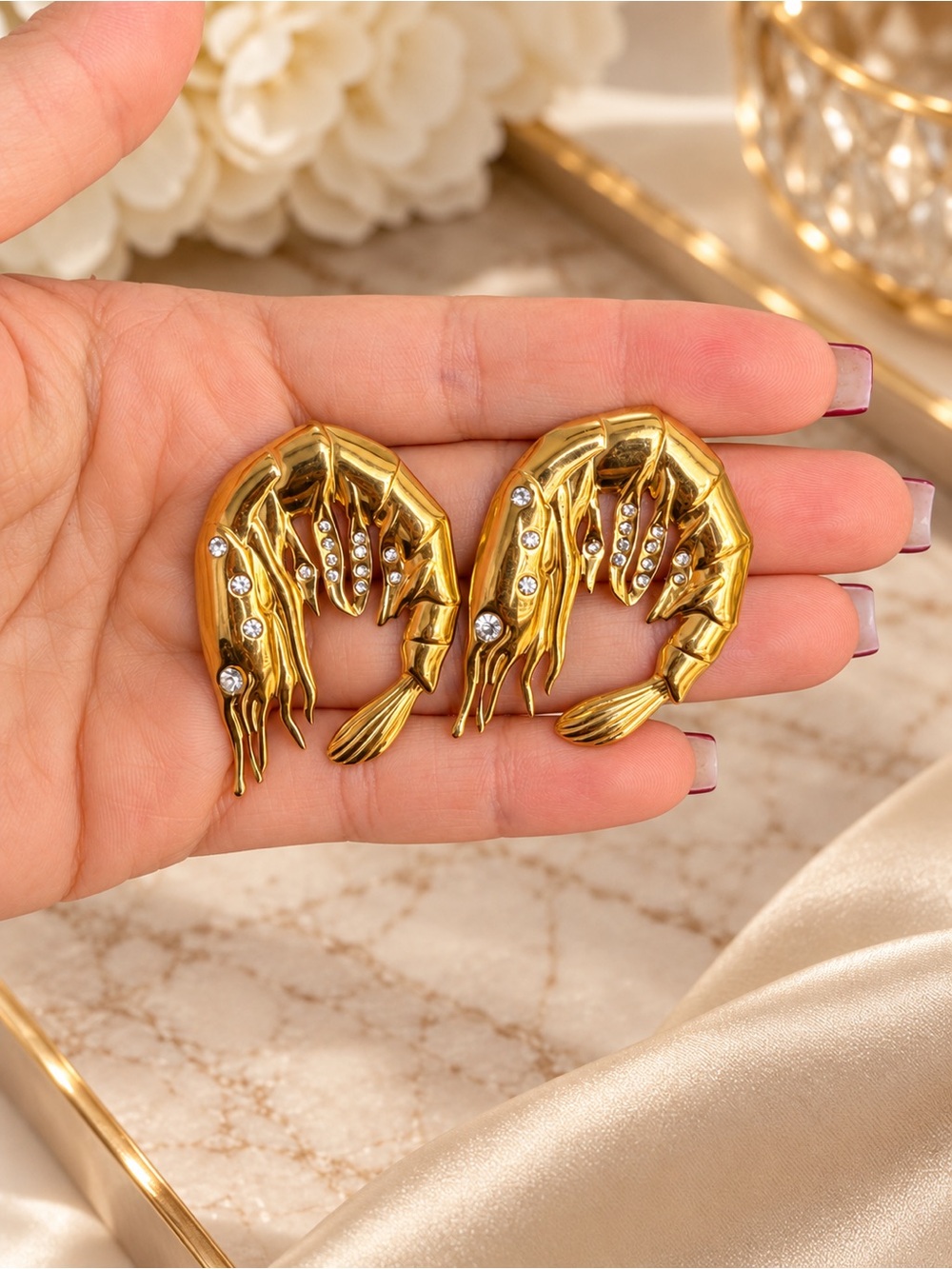 Gold Shrimp Statement Drop Earrings with Crystal Accents